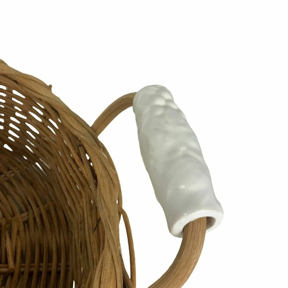 Large Round Sectioned Wicker Serving Basket Divided Ceramic Handles Organization